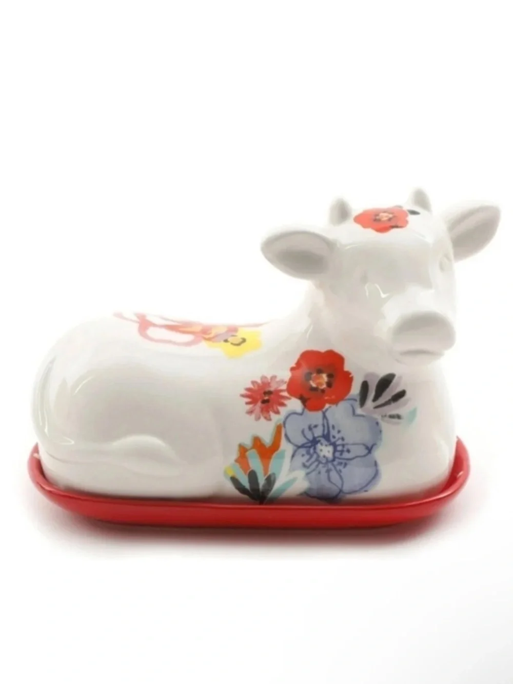 The Pioneer Woman White Floral Cow Butter Dish with Red Base NIB Rare
